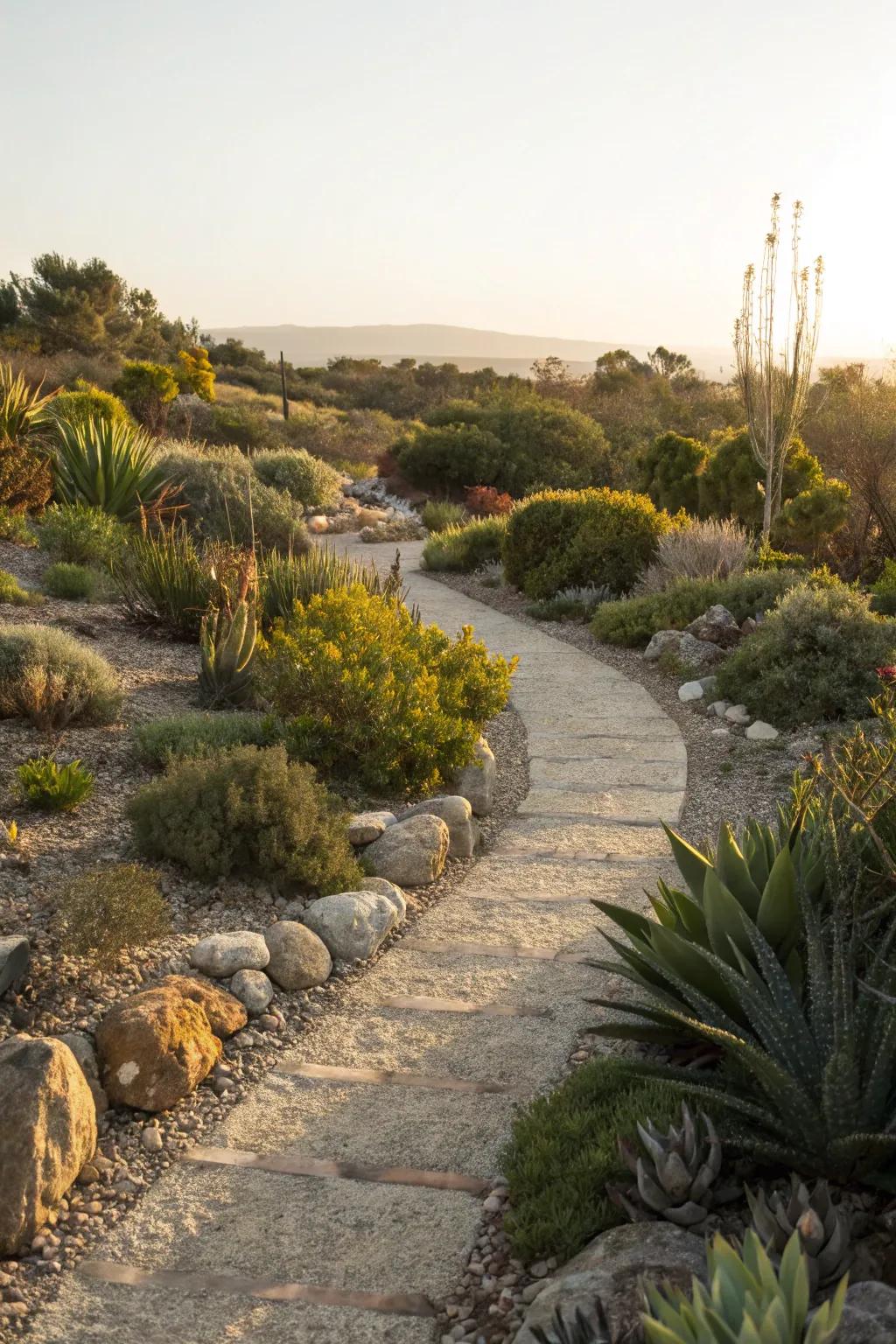 A simple stone and gravel pathway bordered by drought-resistant plants.