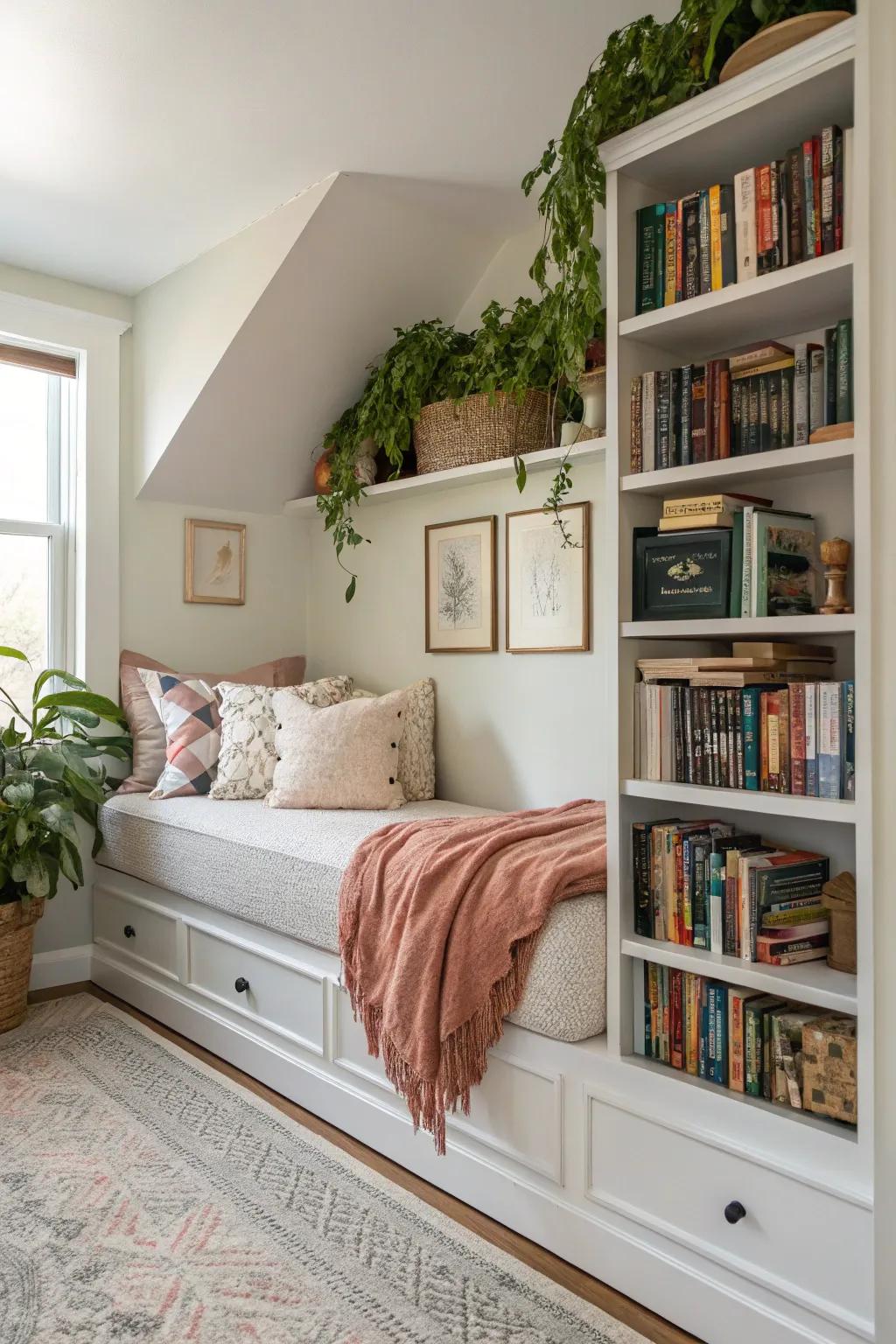A versatile nook equipped with integrated shelving and a daybed, perfect for reading or welcoming guests.