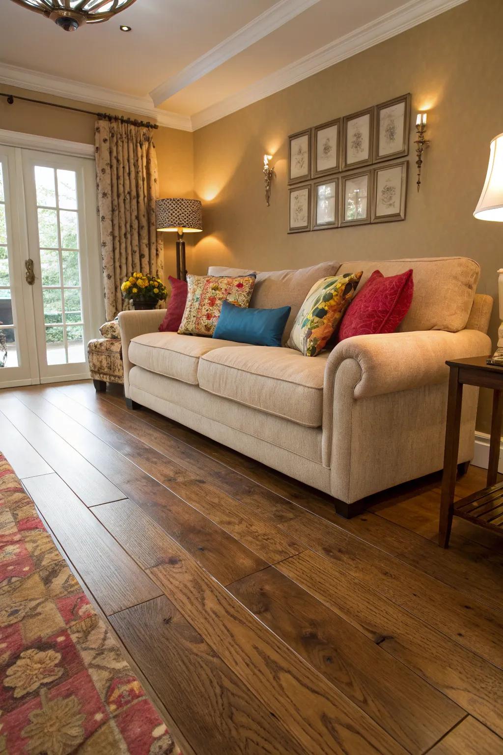 A snug and inviting living space showcasing plush furnishings and oak flooring.