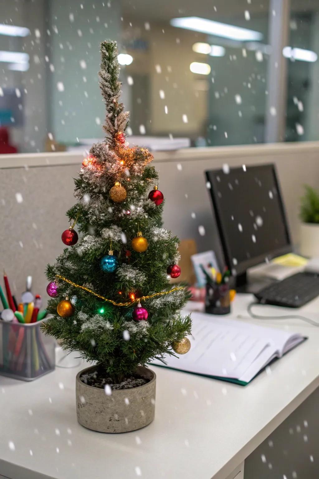 A scaled fir imparts a trace of holiday enchantment to your workspace.