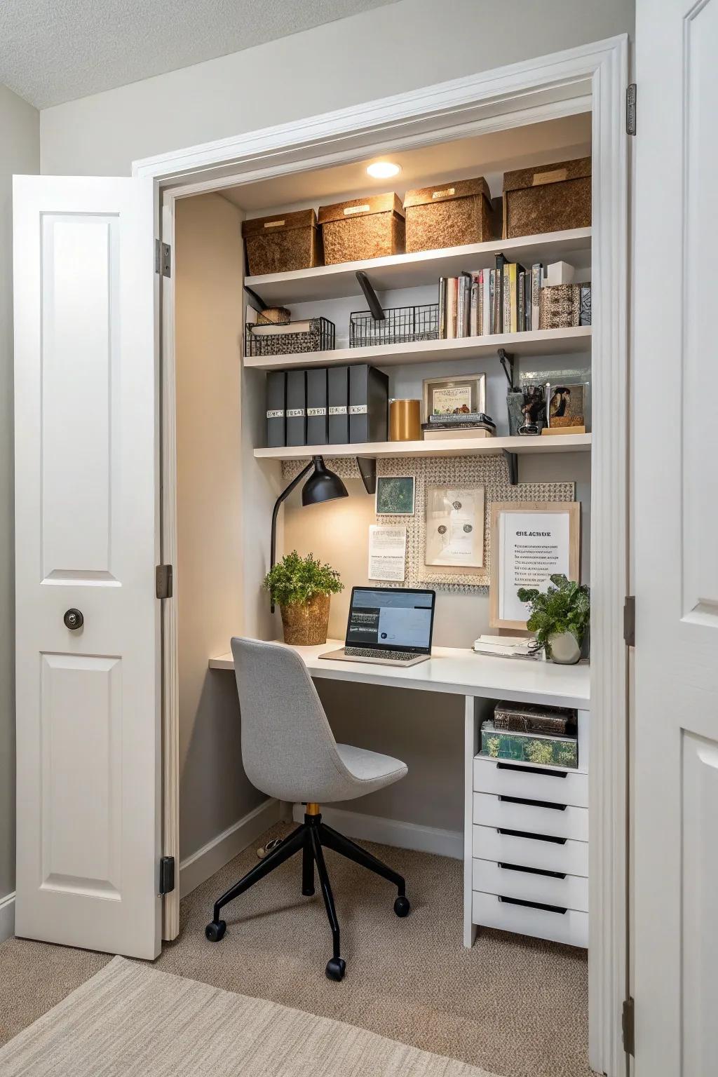 Transform an underused closet into a practical office, easily concealed when not in service.