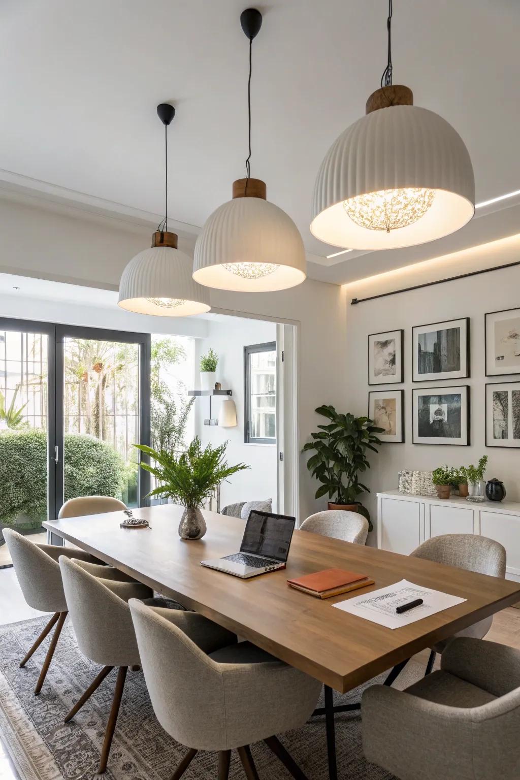Contemporary suspended lights brighten up a stylish conference area.