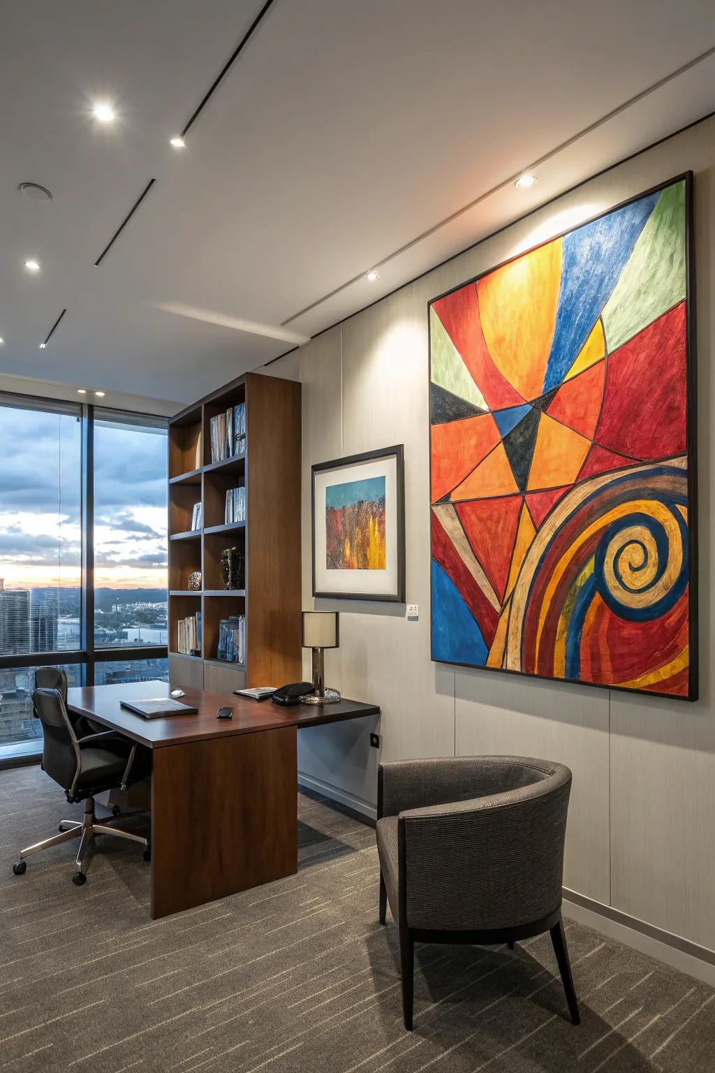 An eye-catching abstract artwork that introduces an element of creativity to an office domain.