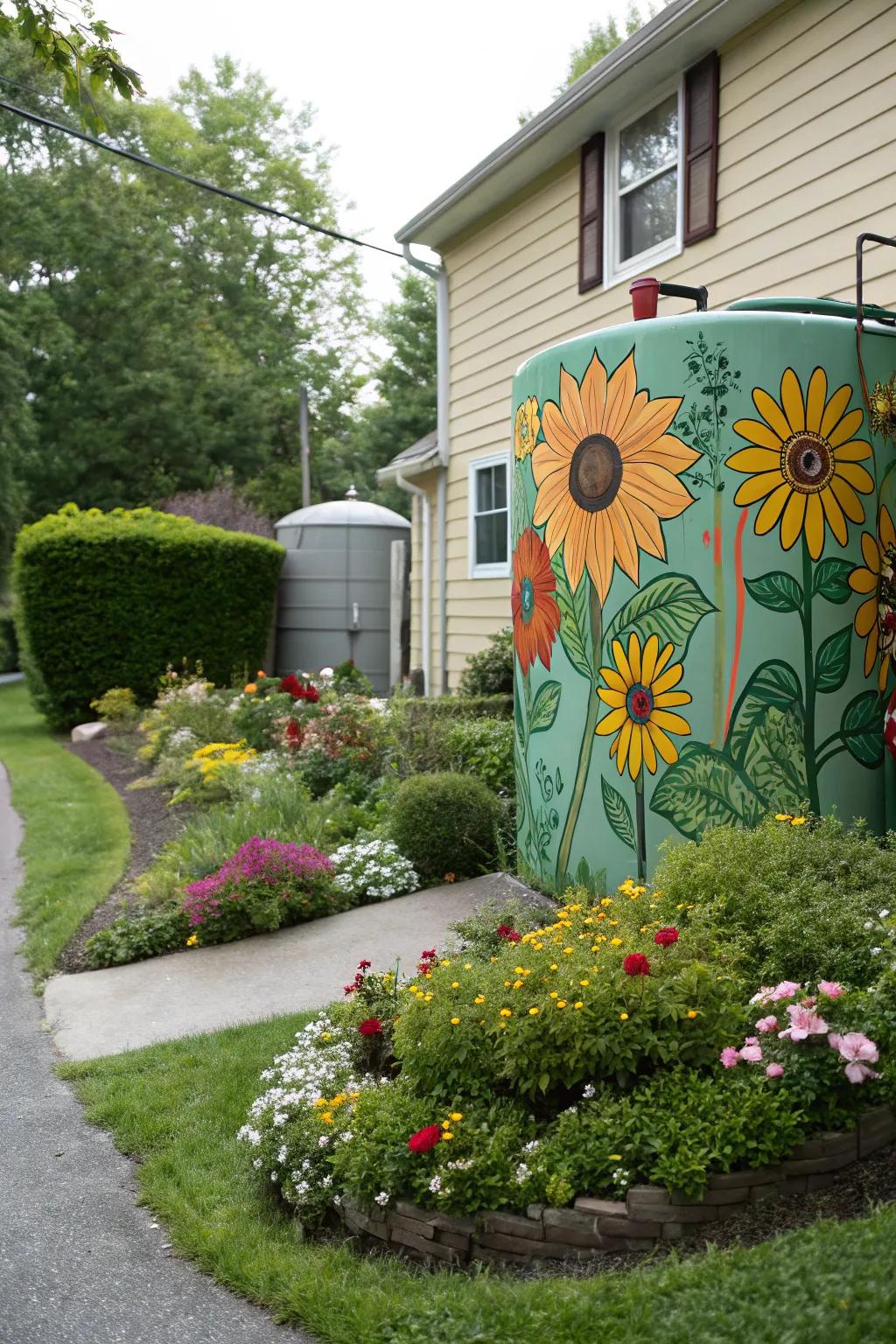 A creatively painted fuel container featuring a sunflower mural, enhancing the garden's allure.