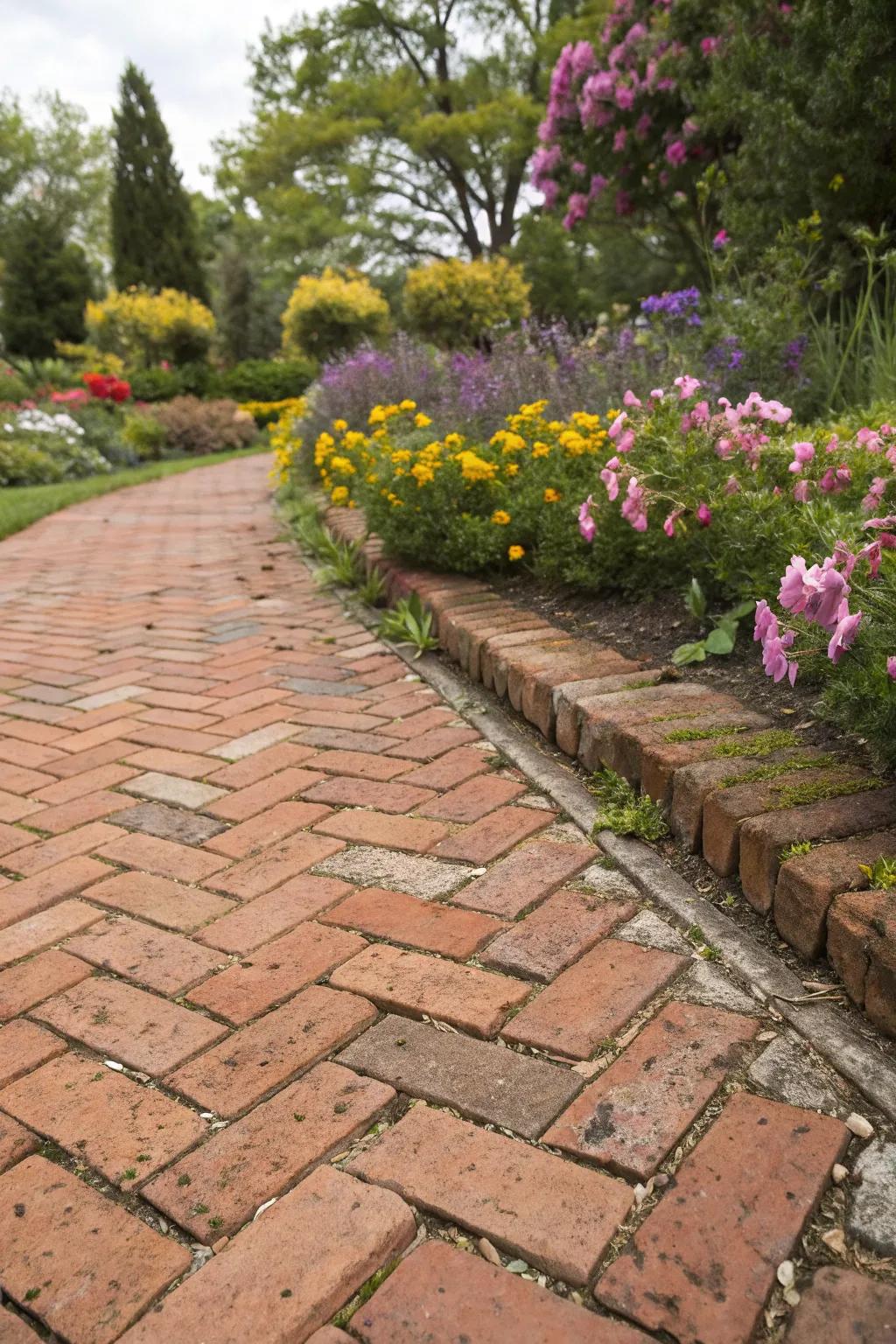 A herringbone arrangement introduces perpetual elegance to this brick patio