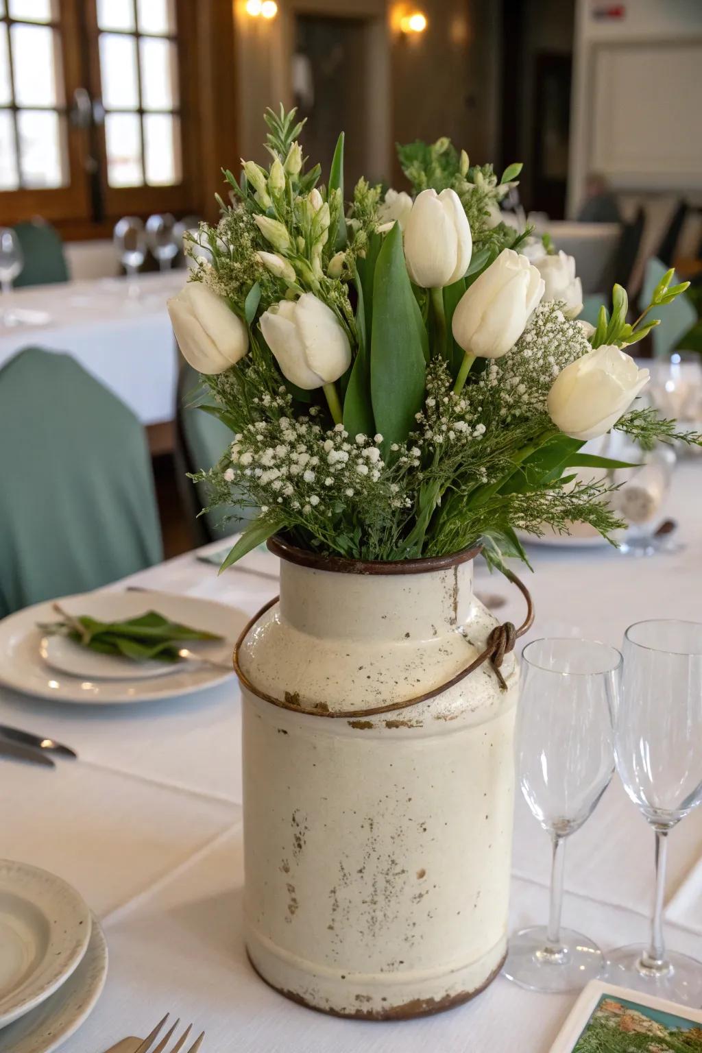 A vintage-style earthenware makes a wonderful floral container.