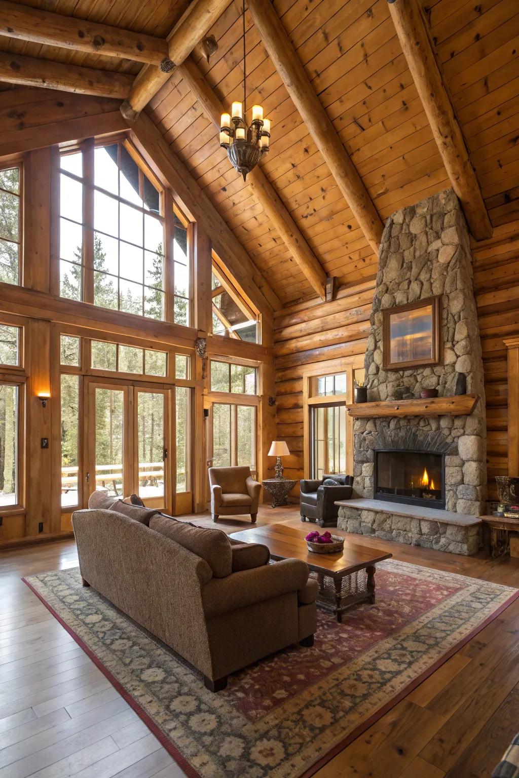 An inviting lodge setting showcasing beautiful wooden paneling and prominent beams.