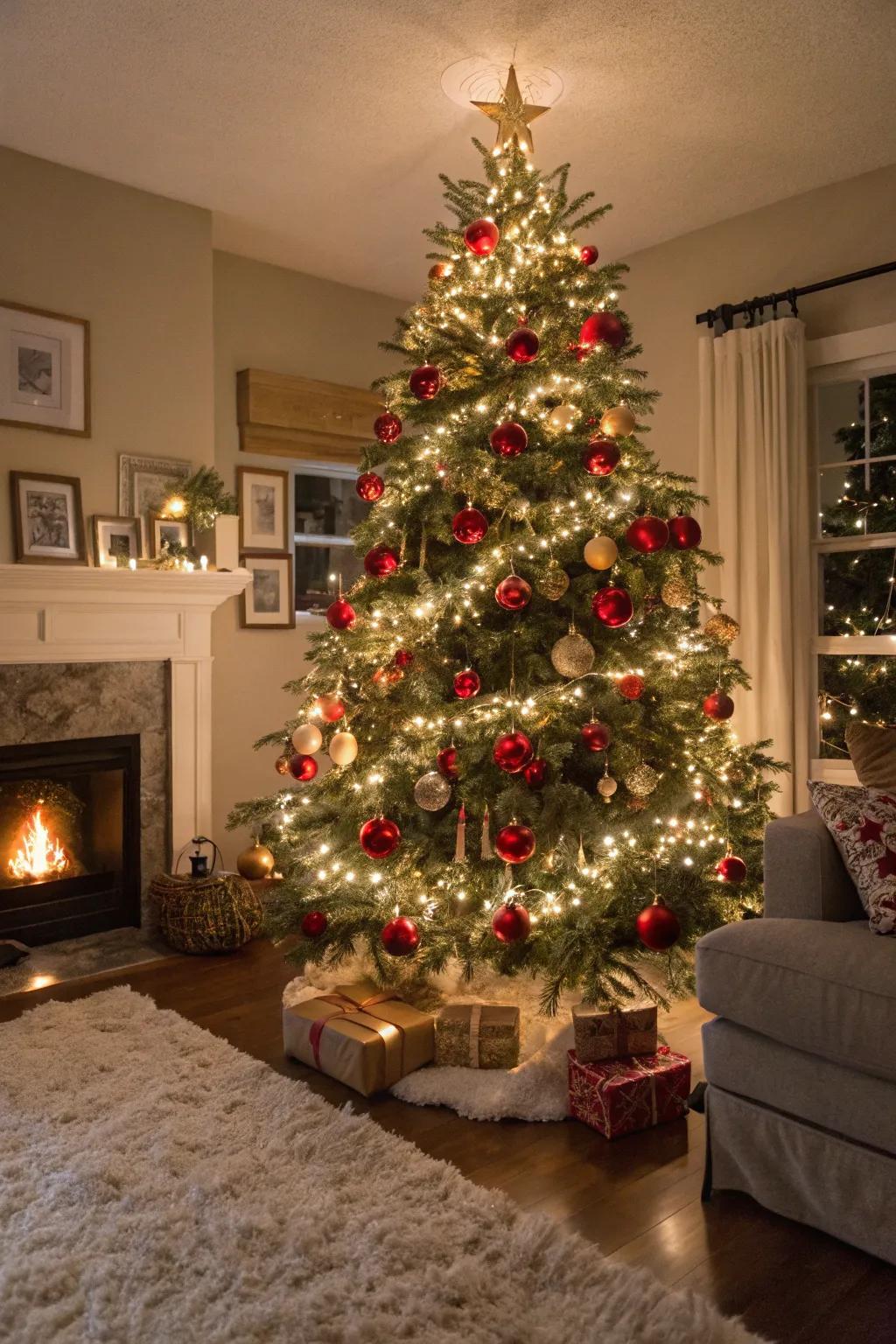 A quintessential Christmas fir adorned in crimson and gilt evokes enduring sophistication.