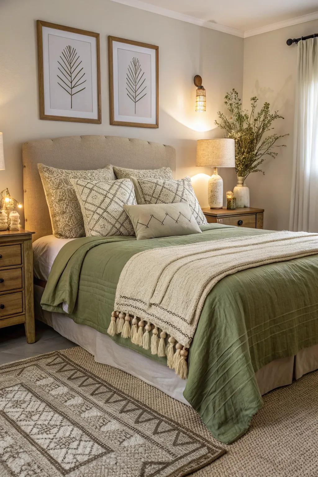<strong><em>Olive green bedding</em></strong> enhanced with neutral hues for a peaceful setting.” loading=”lazy” class=”pimg”>
	</picture><figcaption><strong><em>Olive green bedding</em></strong> enhanced with neutral hues for a peaceful setting.</figcaption></figure>
<p>Teaming <strong><em>olive green bedding</em></strong> with delicate neutral shades like ivory or ecru can conjure a serene, balanced ambiance. I’ve noted that this pairing brings harmony to the setting, creating a peaceful haven that is perfectly conducive to rest.</p>
<h3>Maybe worth checking out:</h3>
<ul class=