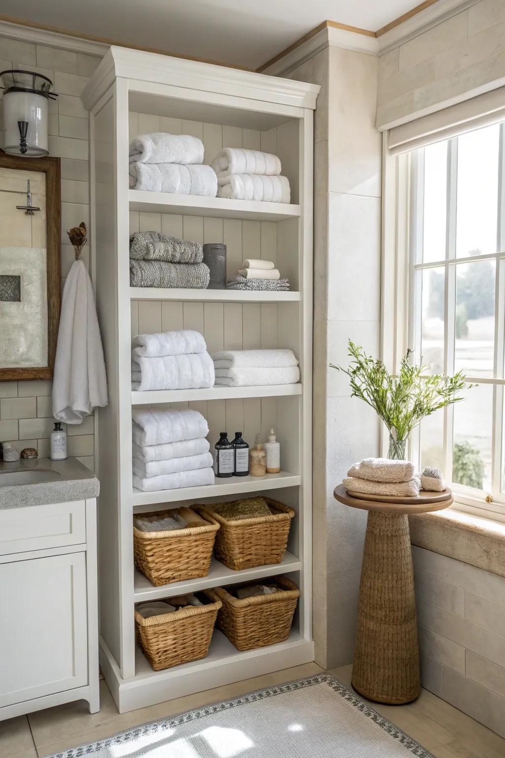 High open shelving effectively uses vertical space in a bathroom.