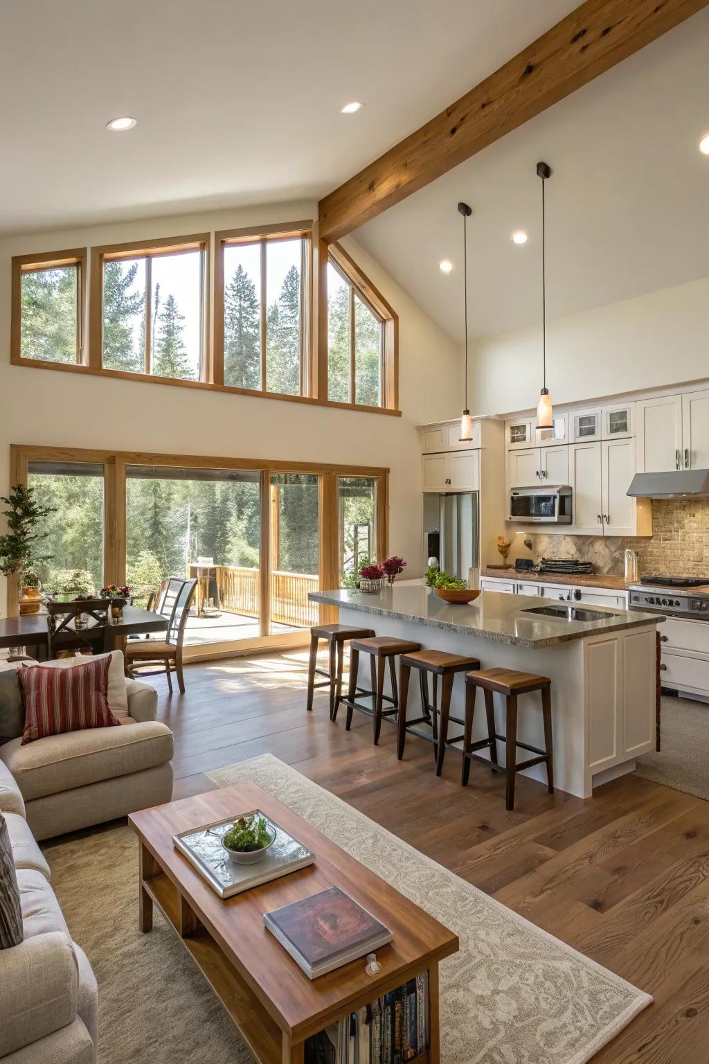 A smooth transition from kitchen to living areas establishes a balanced rhythm.