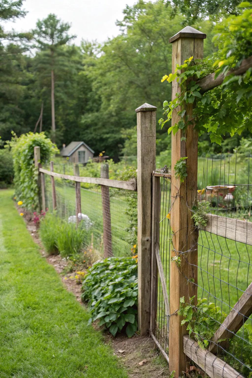 A flawless fusion of timber and wire mesh yields a country-chic modern fence.
