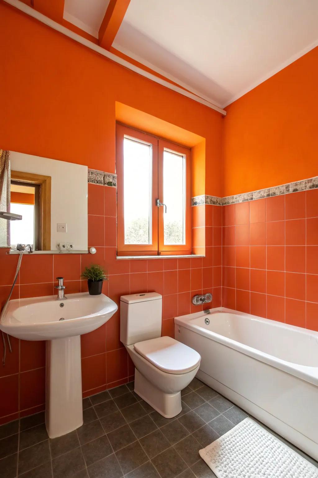 A bathroom featuring bold orange walls complemented by minimalist white fixtures.