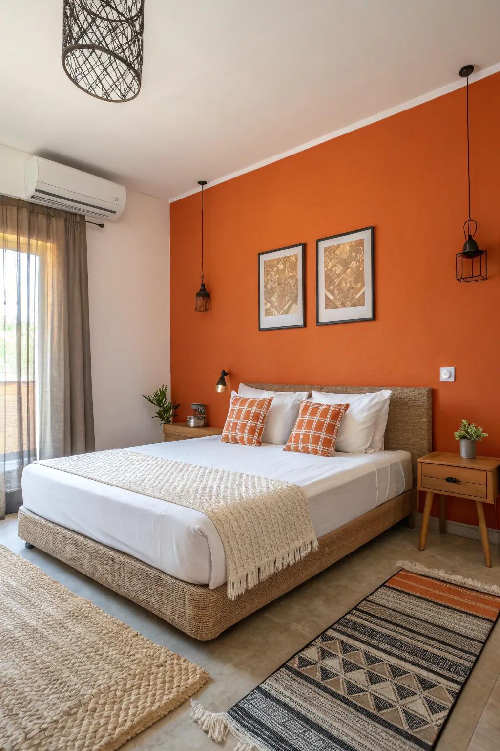 A daring orange accent wall elevates this contemporary bedroom.