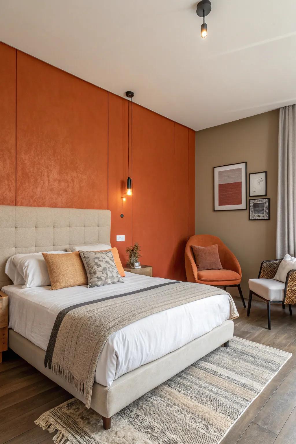 A bedroom showcases a striking tangerine accent wall, creating an inviting and cozy ambiance.