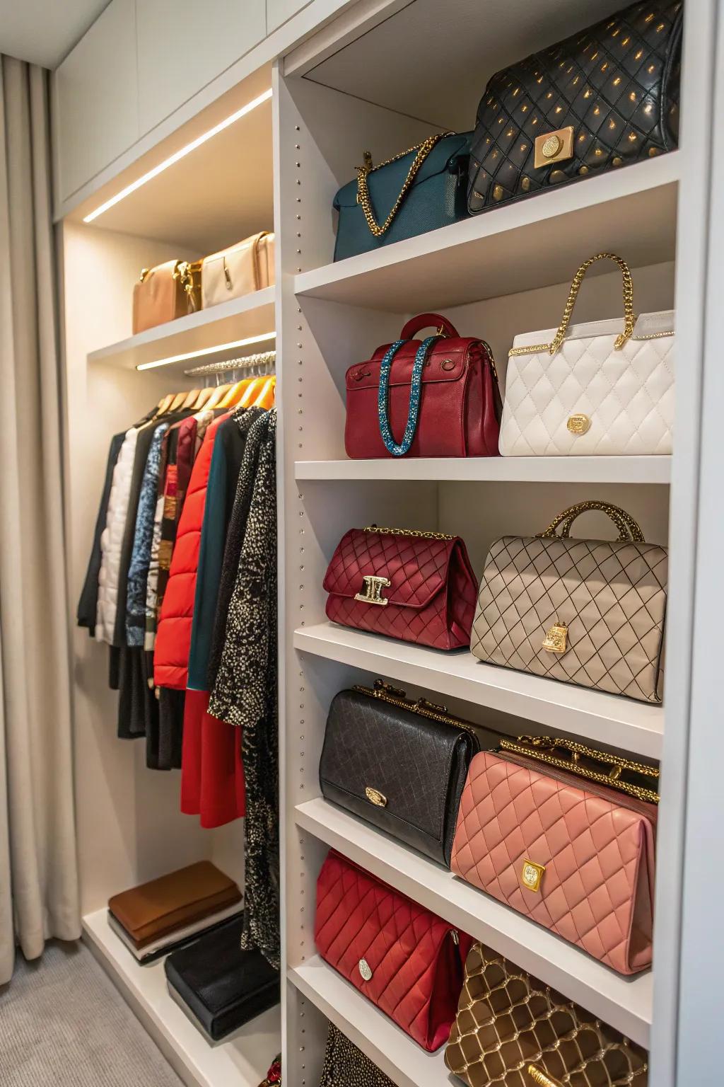 Customizable shelves provide an adaptable approach for arranging handbags.