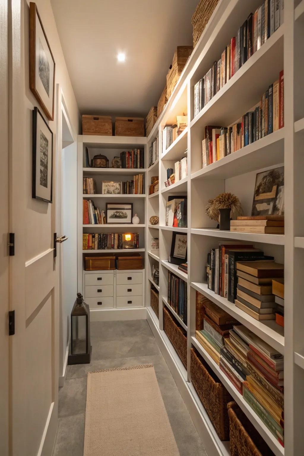 Upward shelves maintain the organized yet fashionable atmosphere of this compact area.
