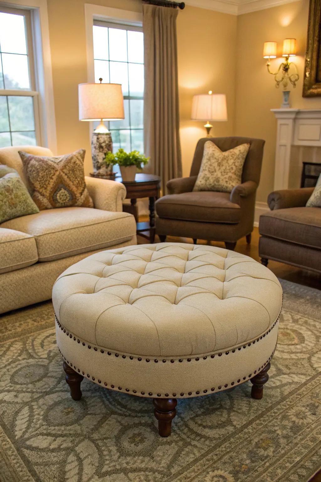 This ottoman provides flexible seating options within the living space.