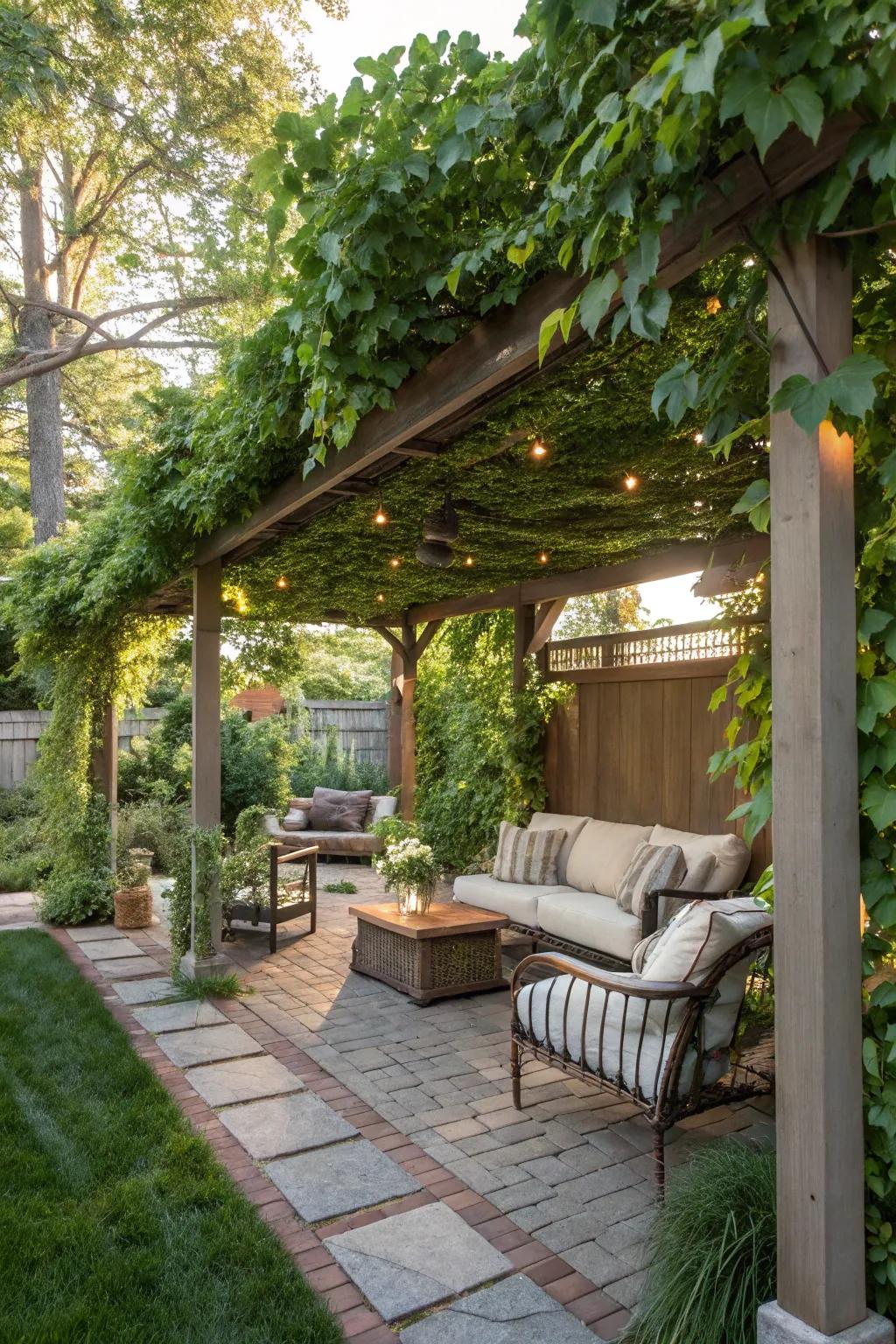 A pergola embellished with abundant foliage creates a peaceful garden hideaway.