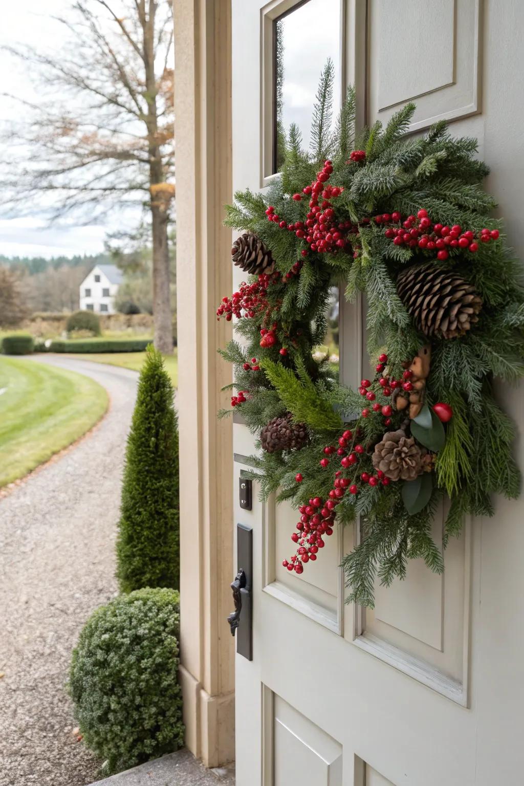 Extend a warm invitation to visitors with a sophisticated Yuletide festoon gracing your entranceway.