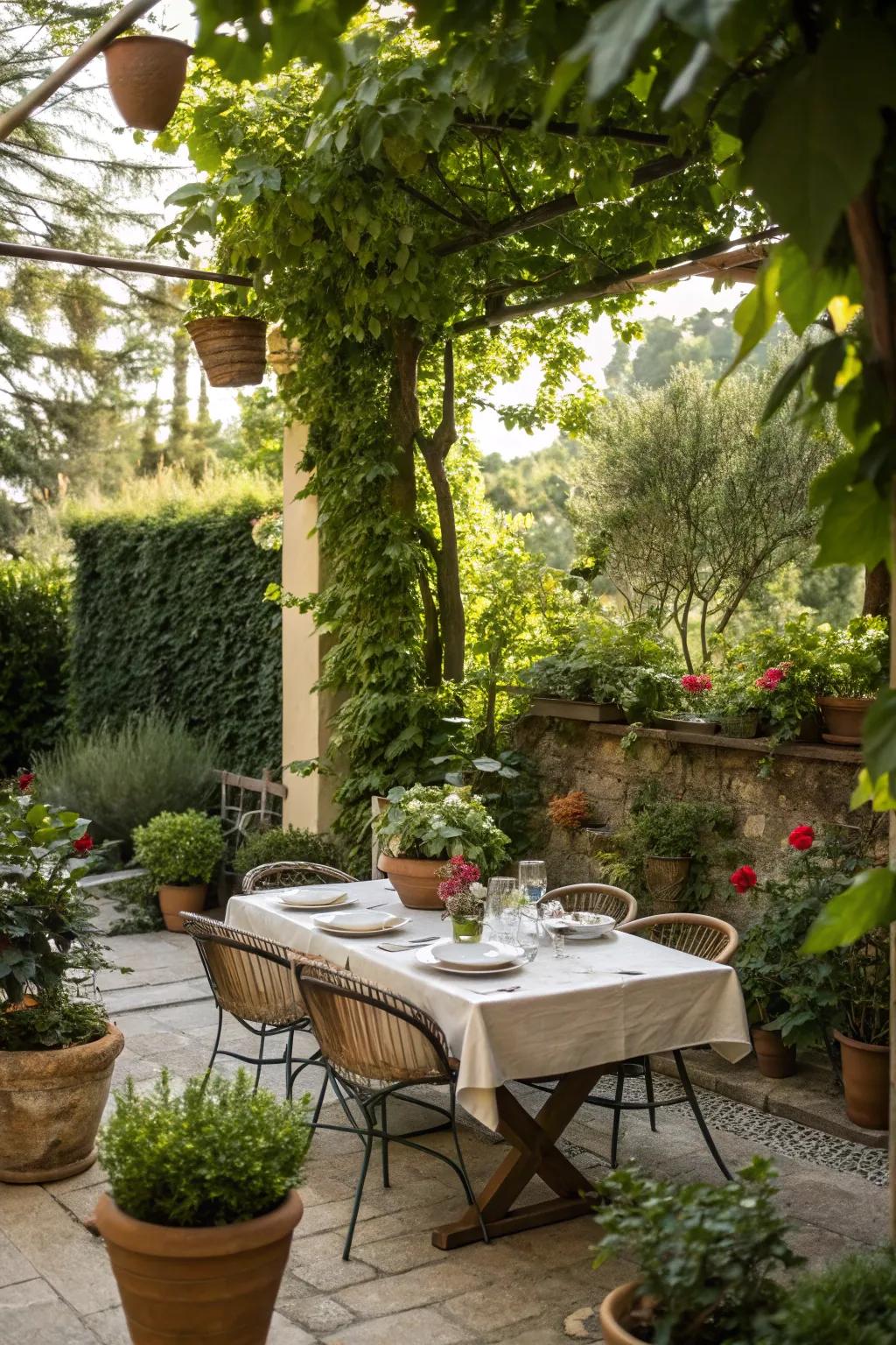 A placid alfresco feasting haven embraced by lush verdure.