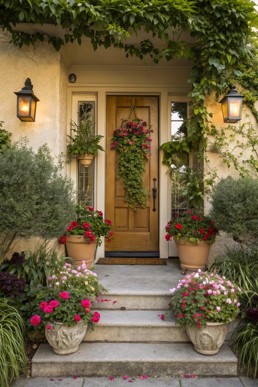 Potted plants introduce vibrancy and vitality to any entryway, fostering a welcoming atmosphere.