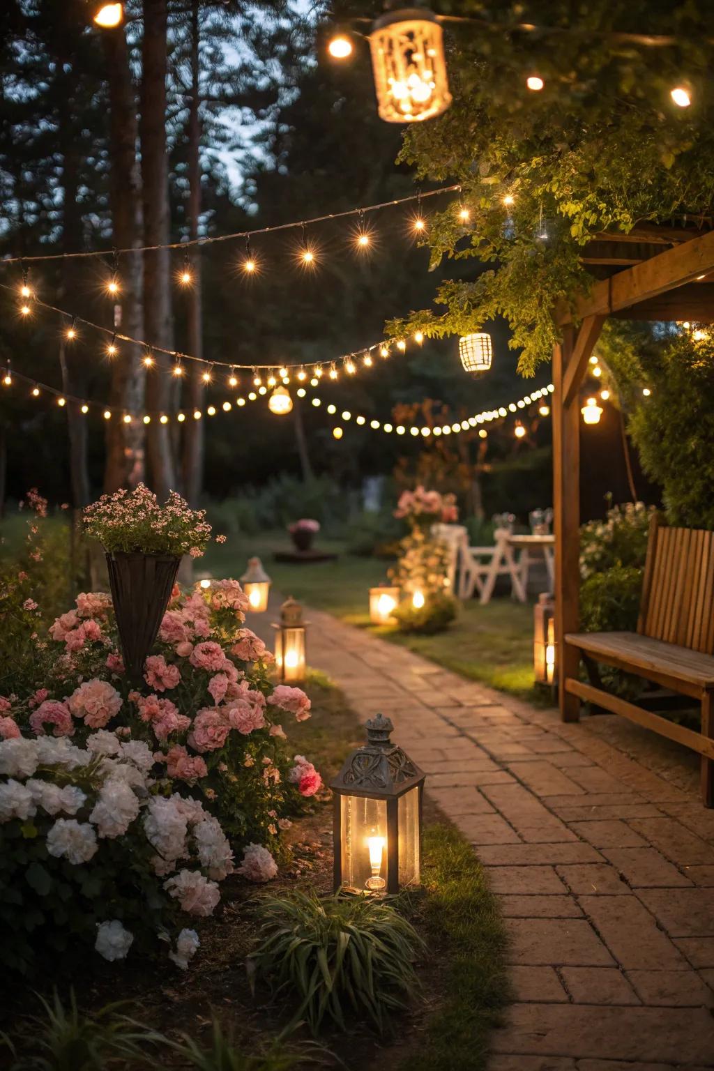 Twinkling garlands and glowing enclosures sculpt a magical night setting.
