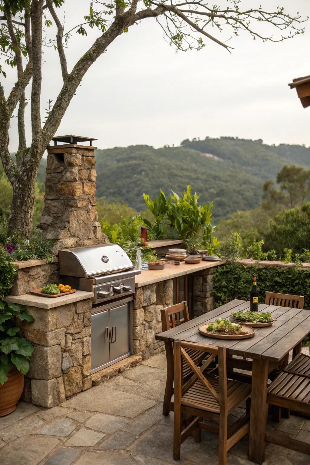 A classic stone grill setup seamlessly integrating with the outdoor landscape.
