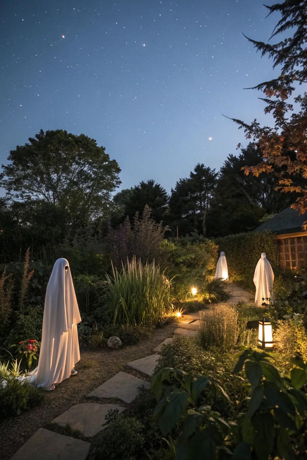 A garden reimagined with radiant spectral entities, creating a bewitching Halloween setting.