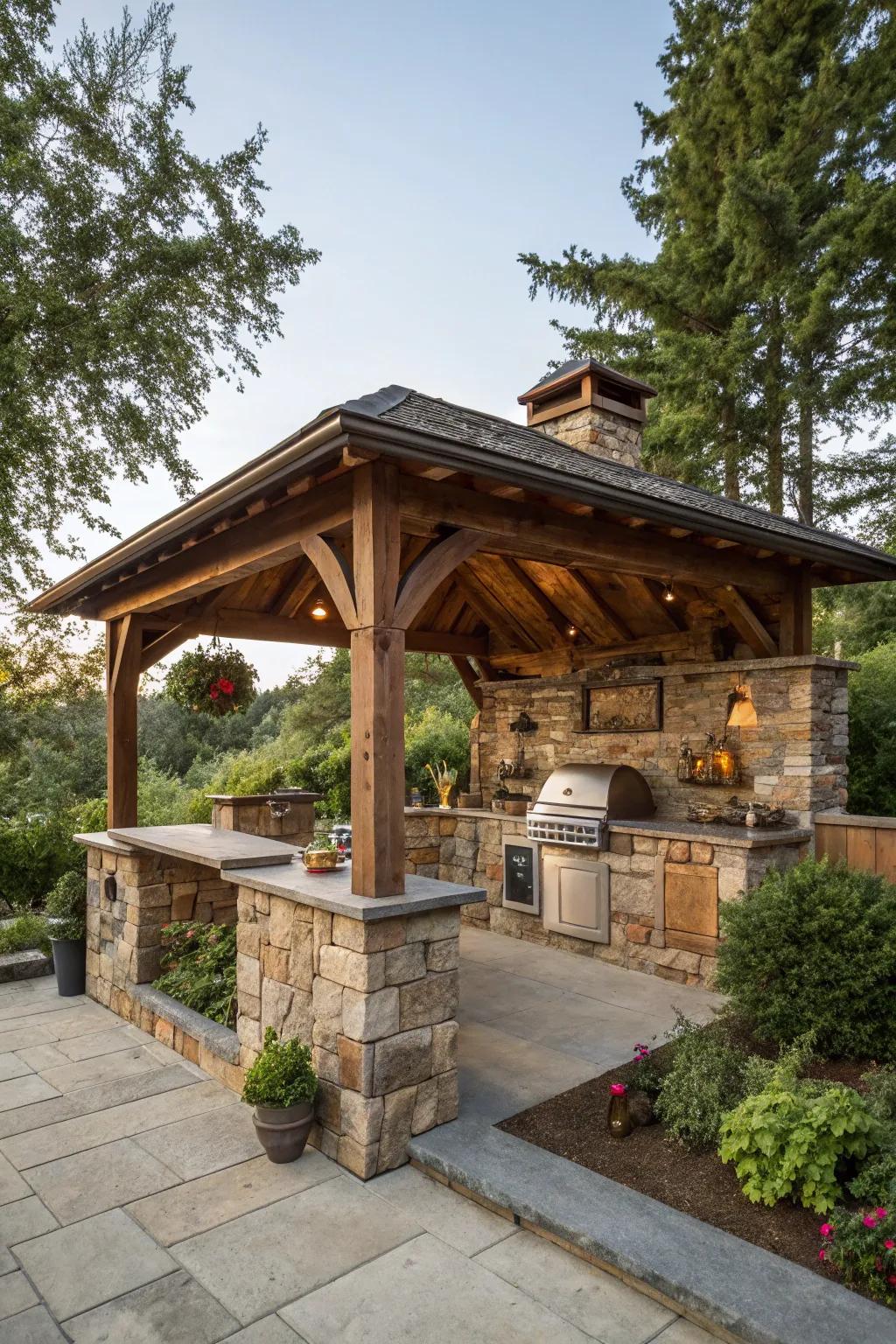 Delight in rustic elegance with a wood and stone outdoor cooking gazebo.