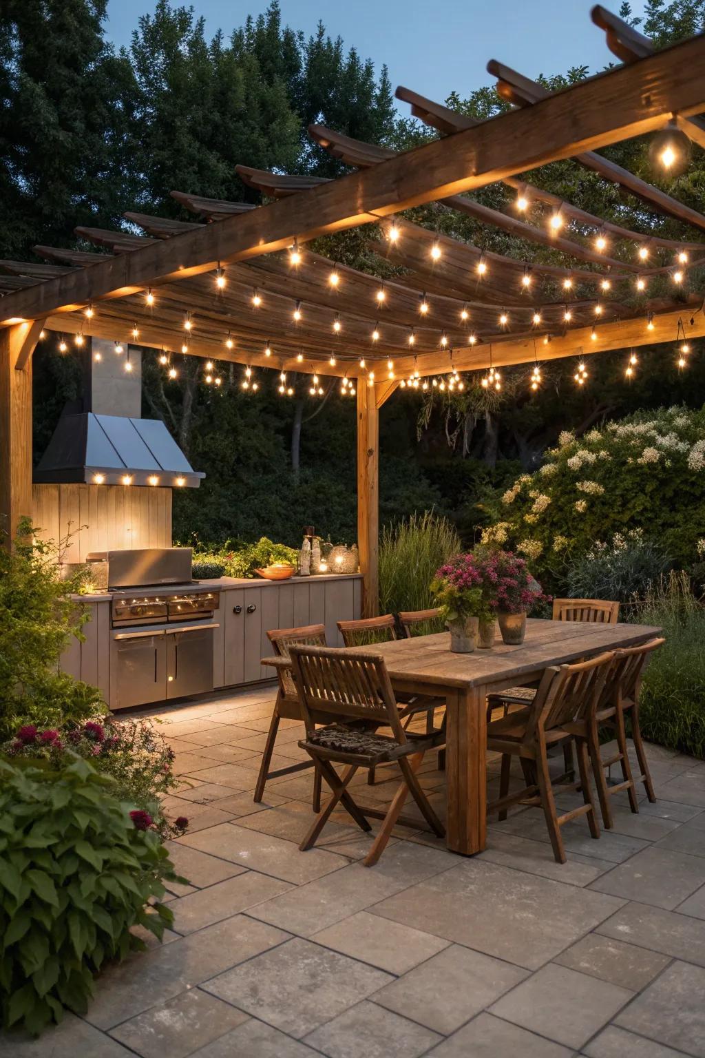 Twinkle lights introduce a hint of enchantment to every al fresco culinary space.