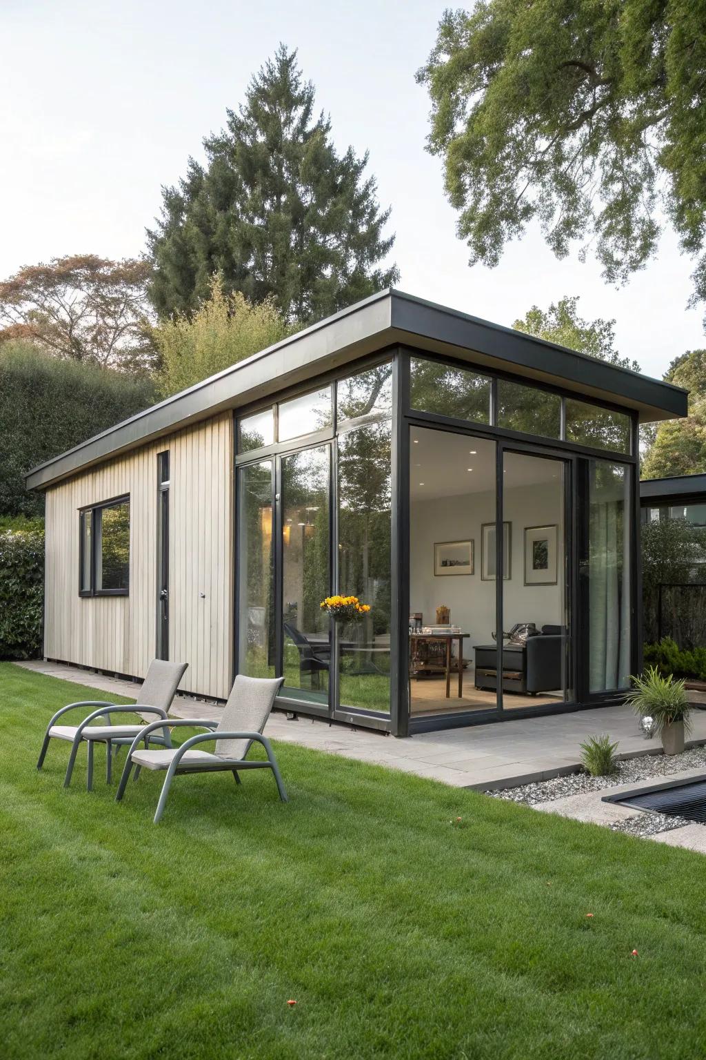 A modern shelter combines style and function, providing an ideal outdoor escape.