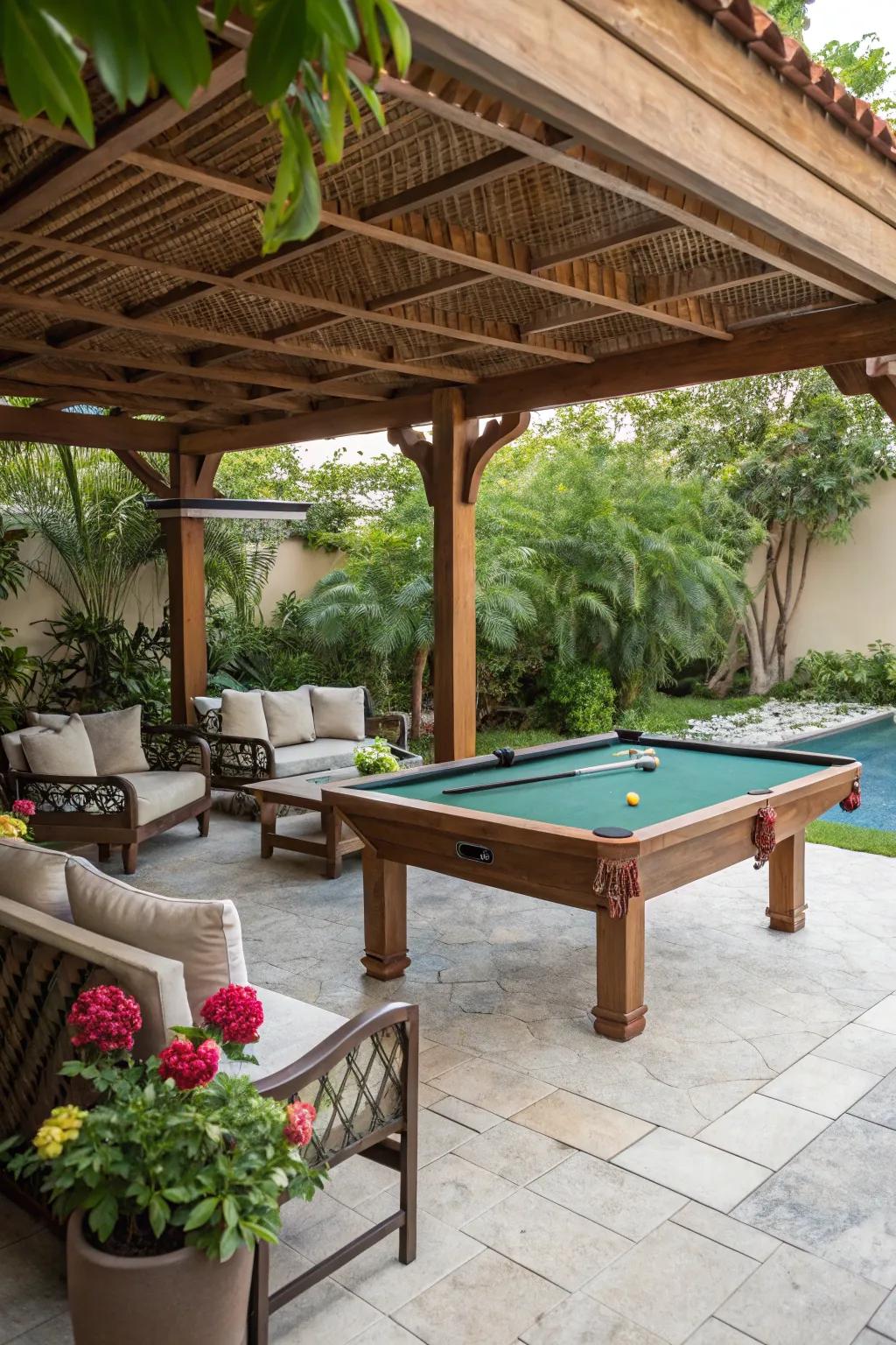 An inviting pool table arrangement beneath a timber trellis with seats and garden greenery.