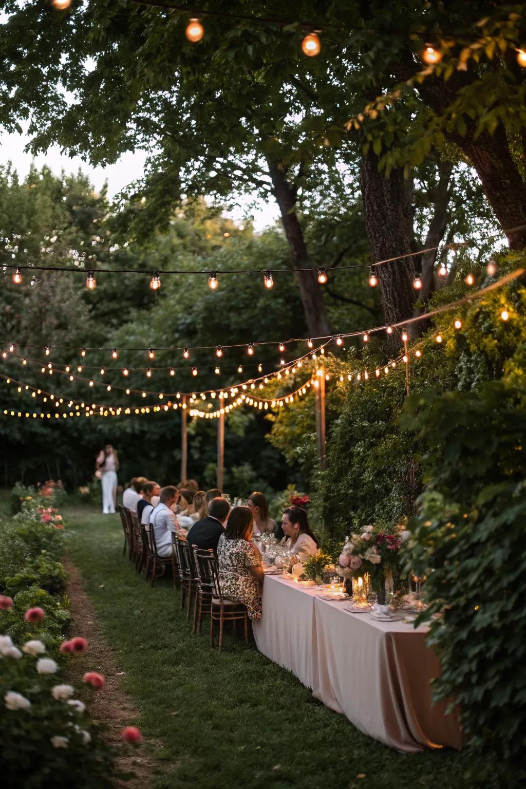 Fairy lights fashion a captivating atmosphere for an outdoor gala.