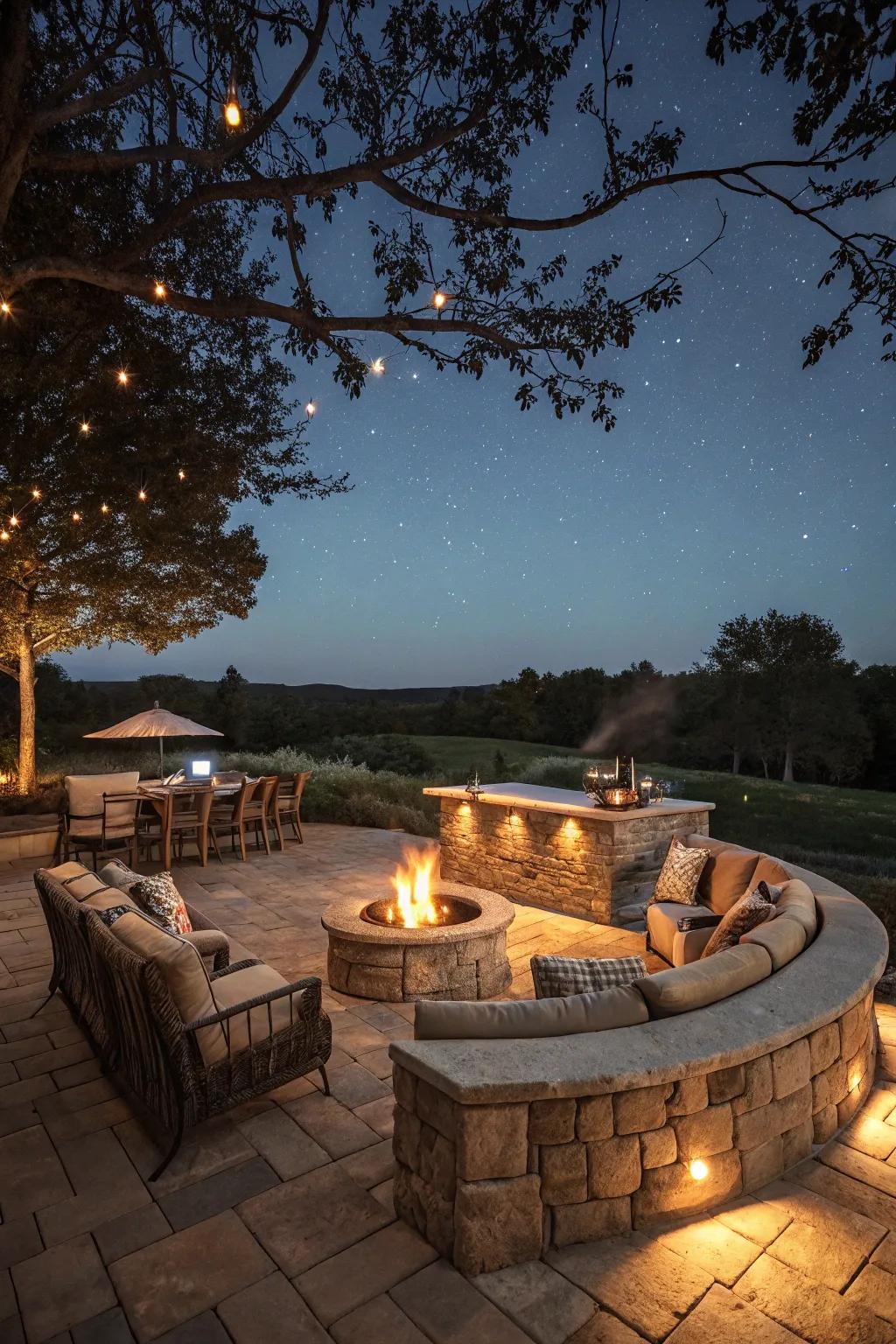 An attractive outdoor stone bar that highlights a central fireplace.