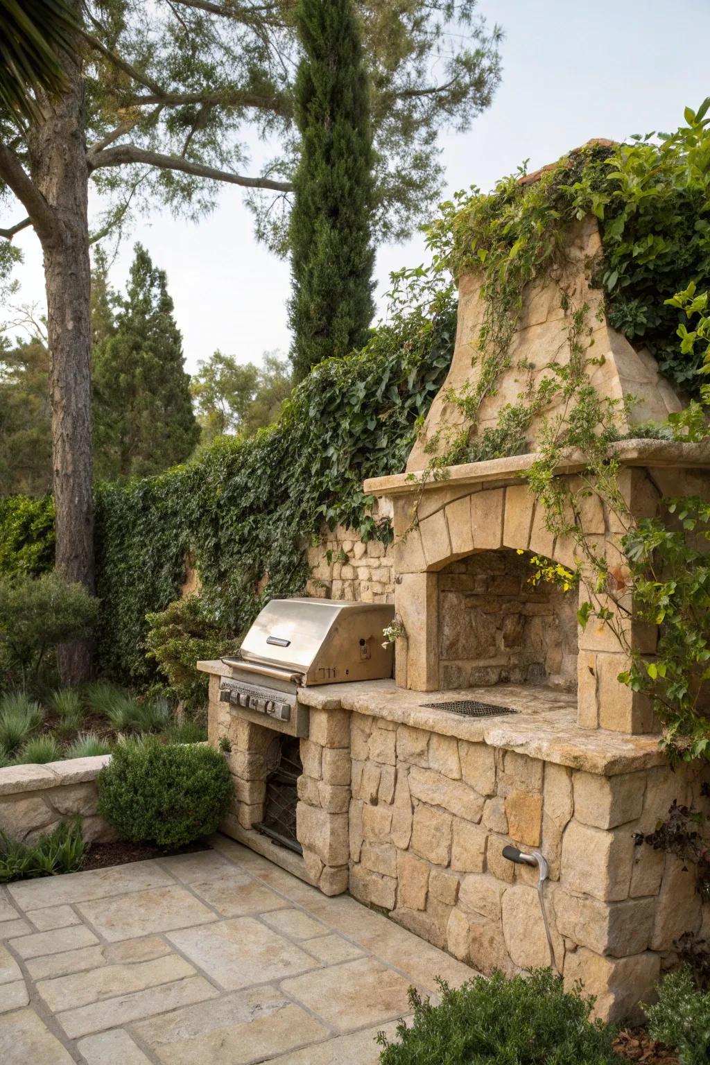 A stone-enclosed grill seamlessly matches garden walls for an uninterrupted aesthetic.