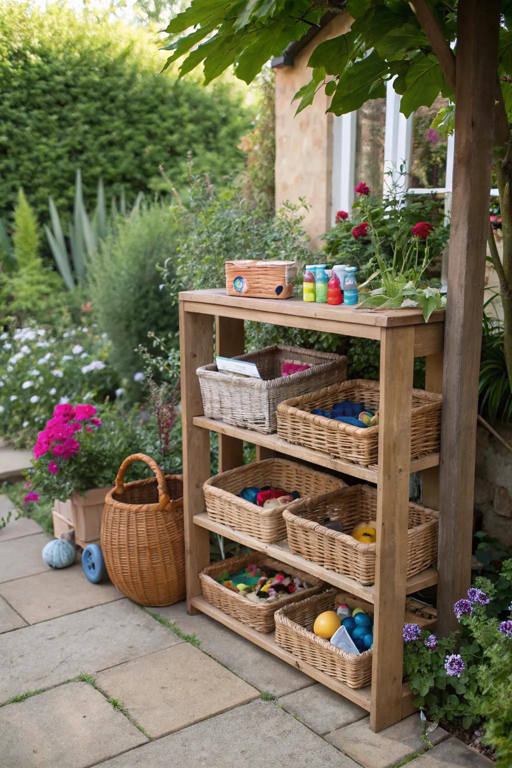 Shelving units paired with baskets offer an elegant solution for stowing outdoor toys.