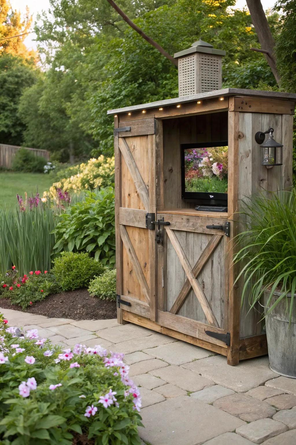 A country-style wooden TV space enhances the allure of any garden.