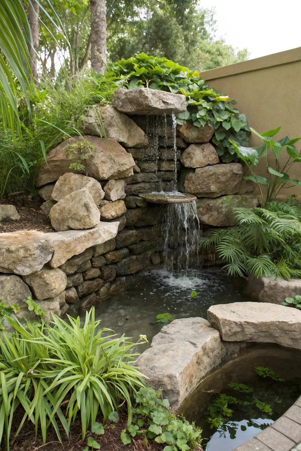 A stone-integrated wall fountain gives off a naturally seamless aesthetic.