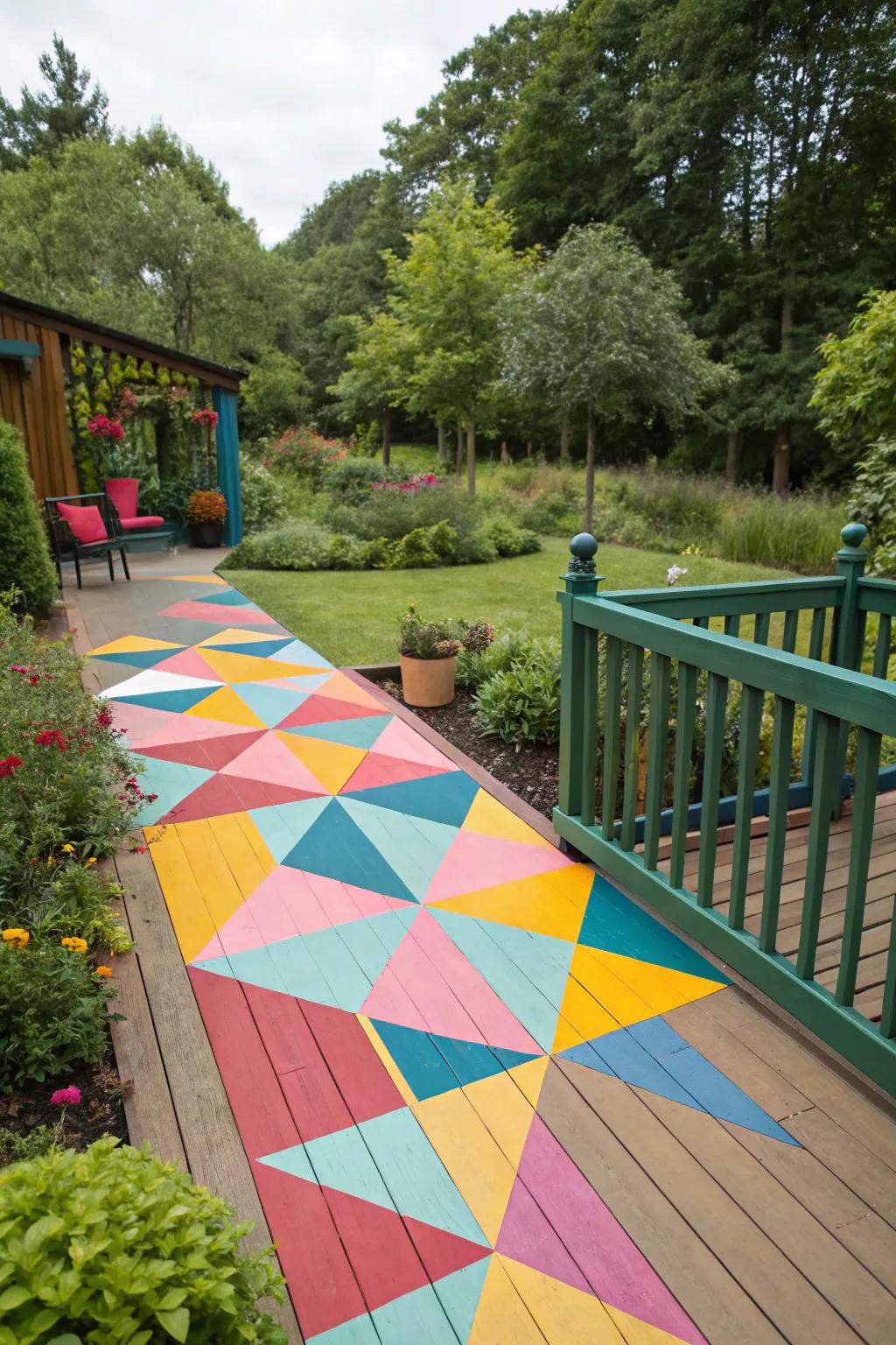 A deck elevated with vibrant geometric patterns, creating a striking focal point in the outdoor setting.