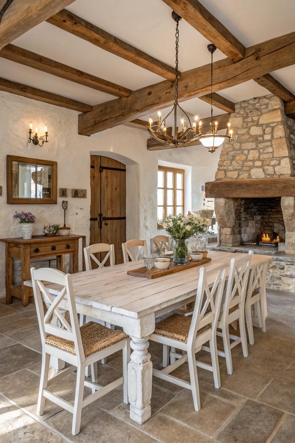 The charm of a distressed white finish can elevate the rustic appeal of any dining table.