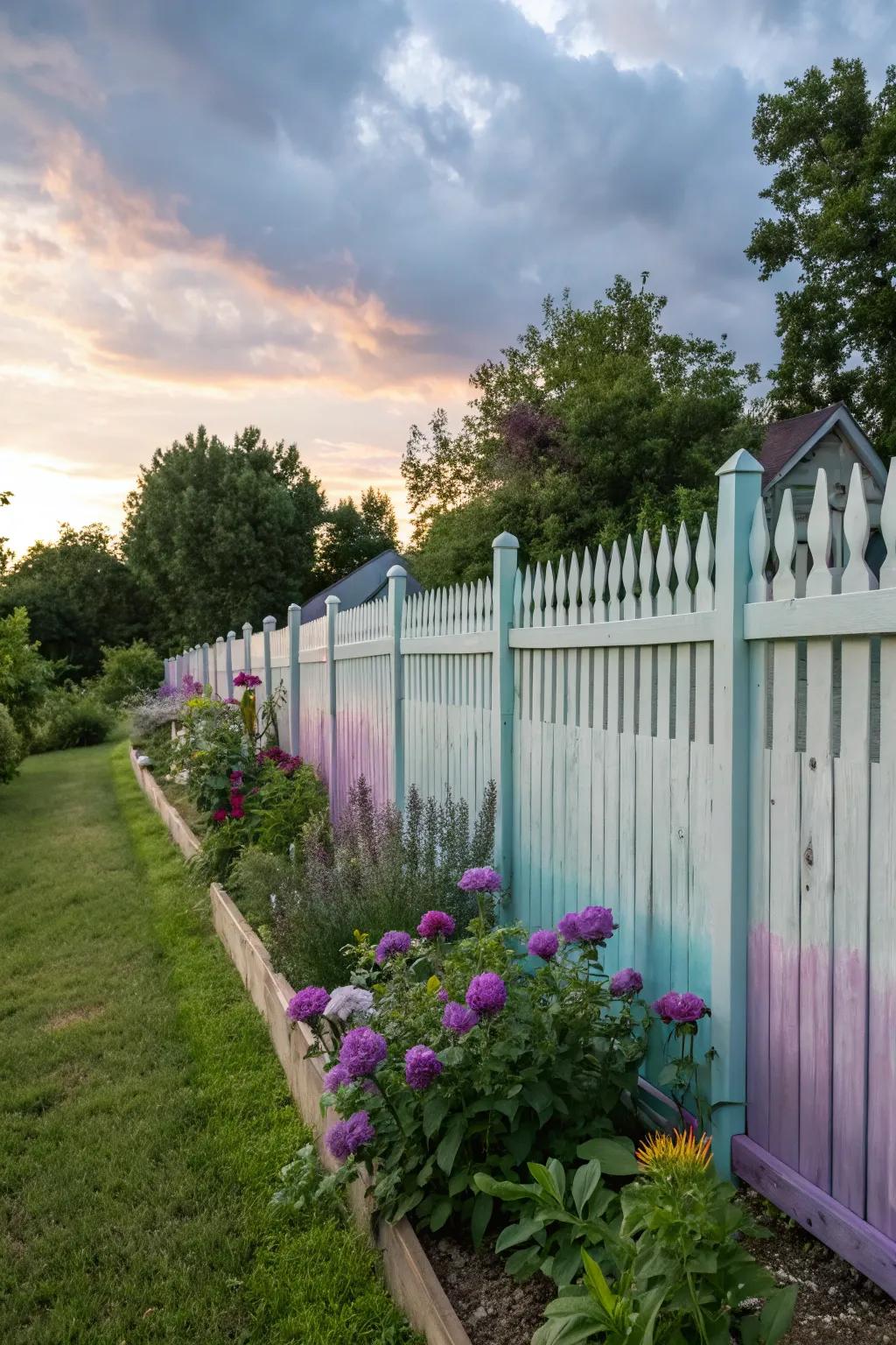 An enchanting ombre picket fence gracefully shifting from intense to delicate tints.