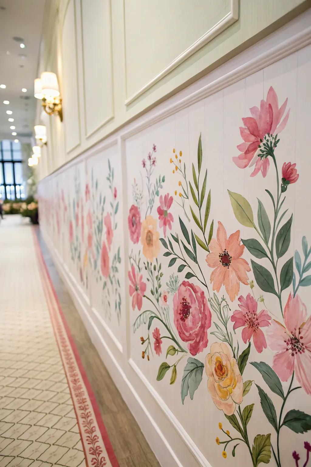 A corridor enhanced with a watercolor floral border.