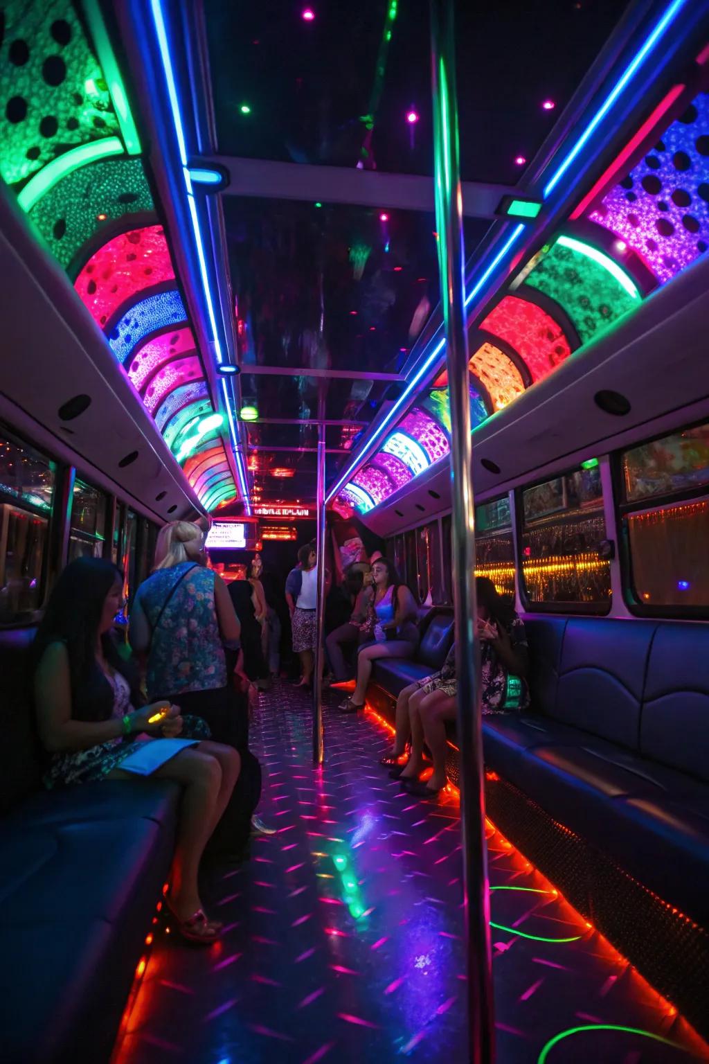 LED and neon lighting transform the bus into a festive paradise.
