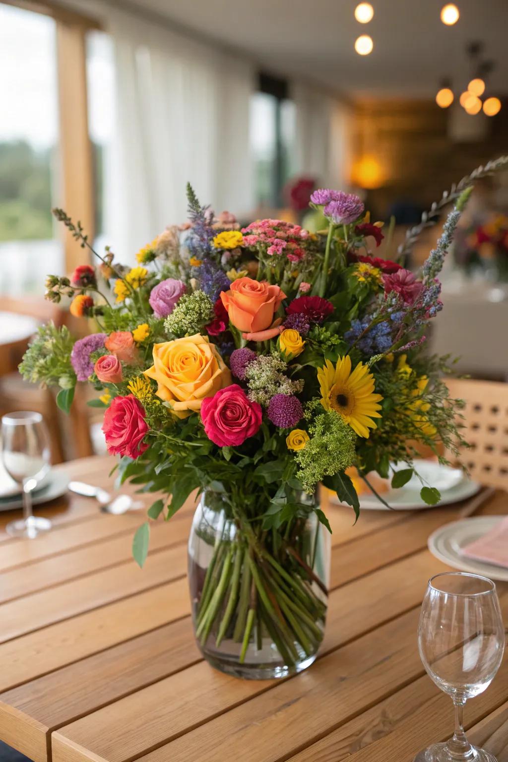 A vibrant and lush floral arrangement is perfect as a party centerpiece.