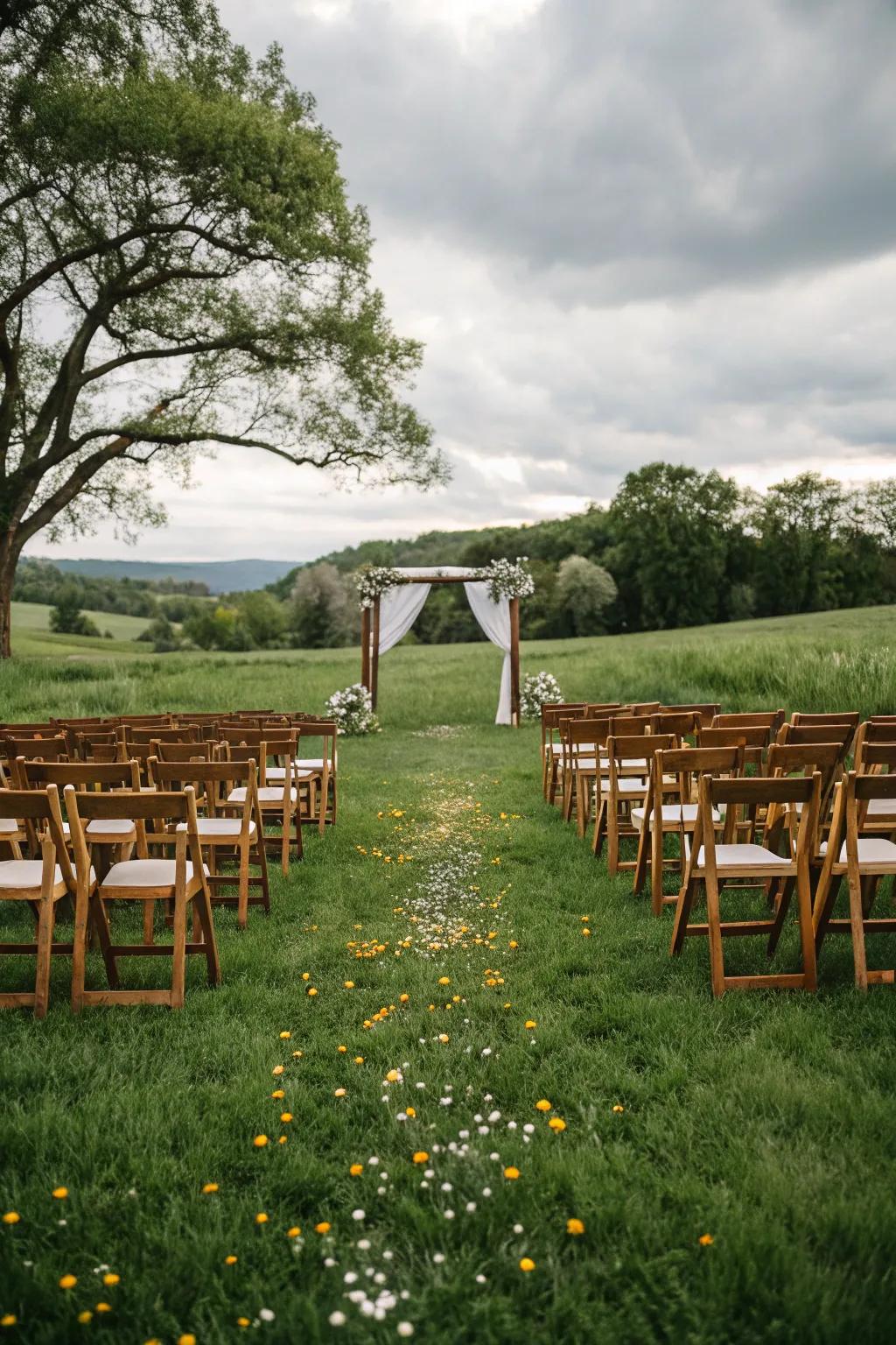 Timber chairs arranged on a lush pasture for the wedding ceremony.