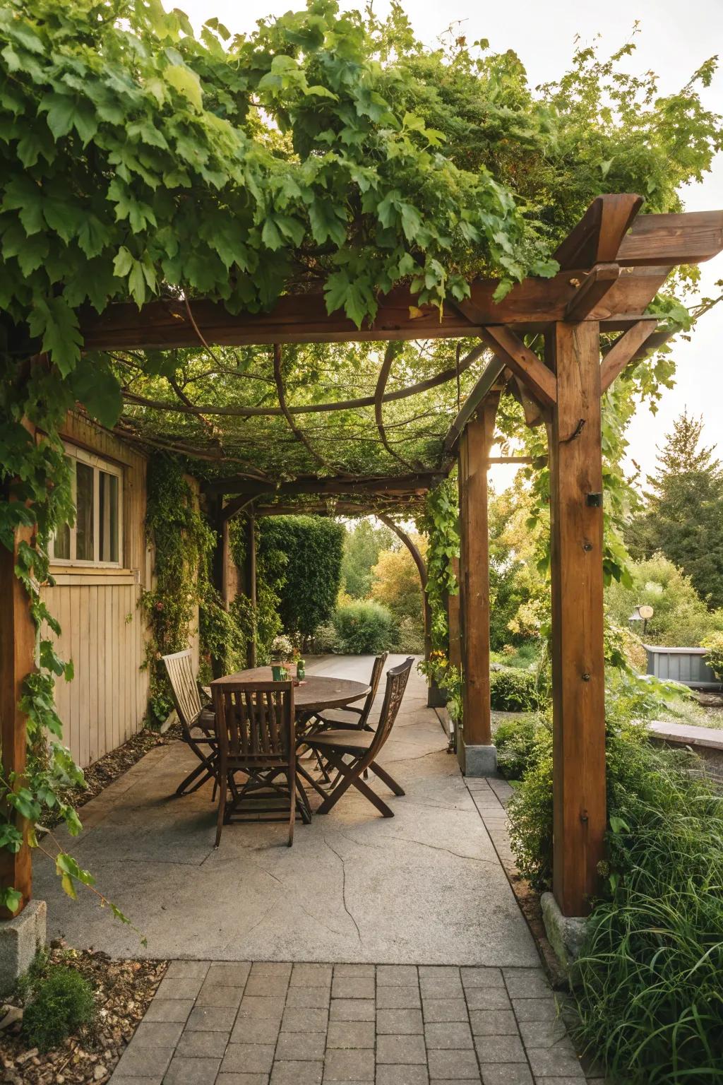 A timber pergola graced with climbing vines imparts a natural ambiance to your patio setting.