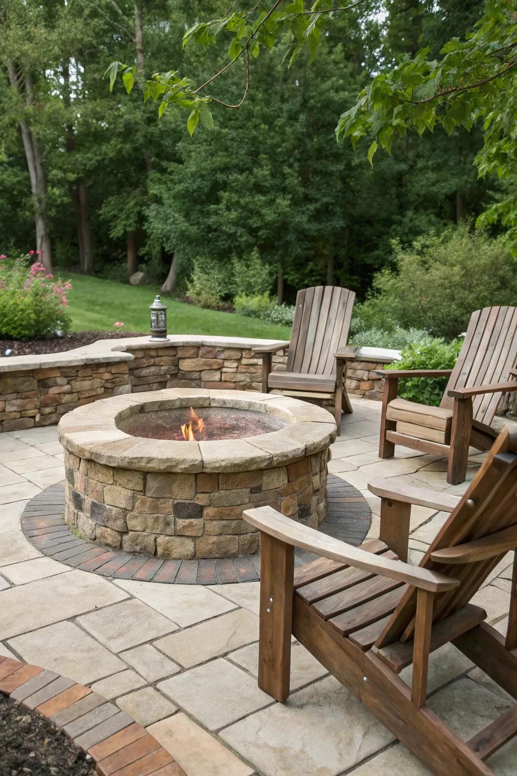 A classic stone and brick fire pit offers a timeless gathering spot.