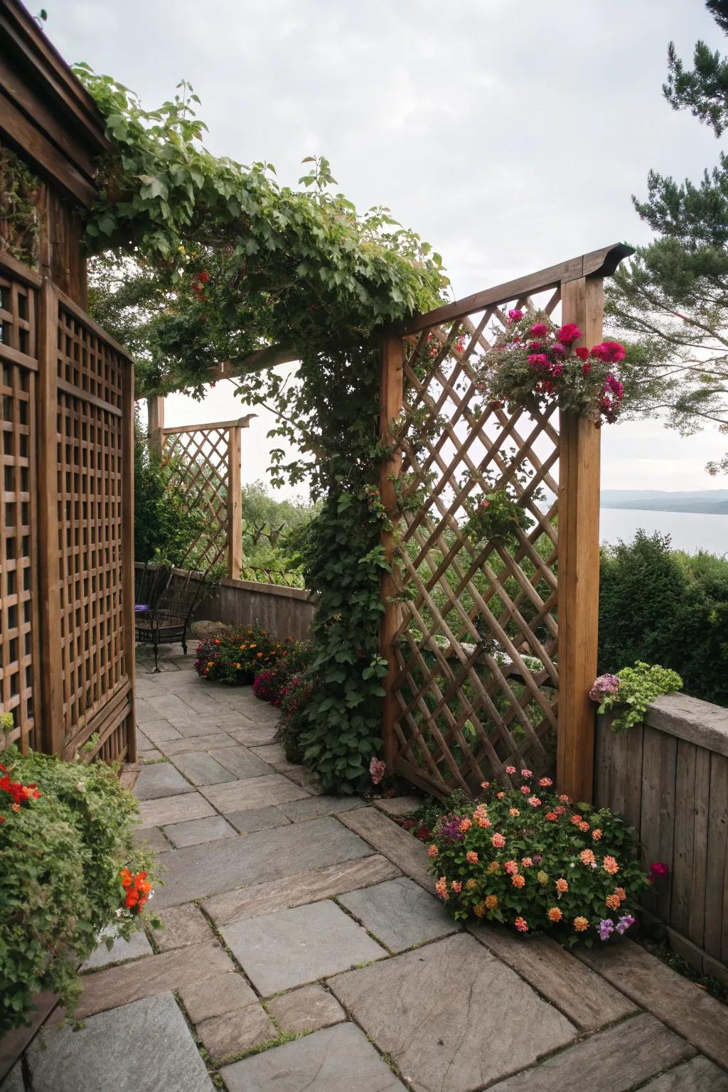 Wooden lattice privacy screens create a secluded and intimate patio oasis.