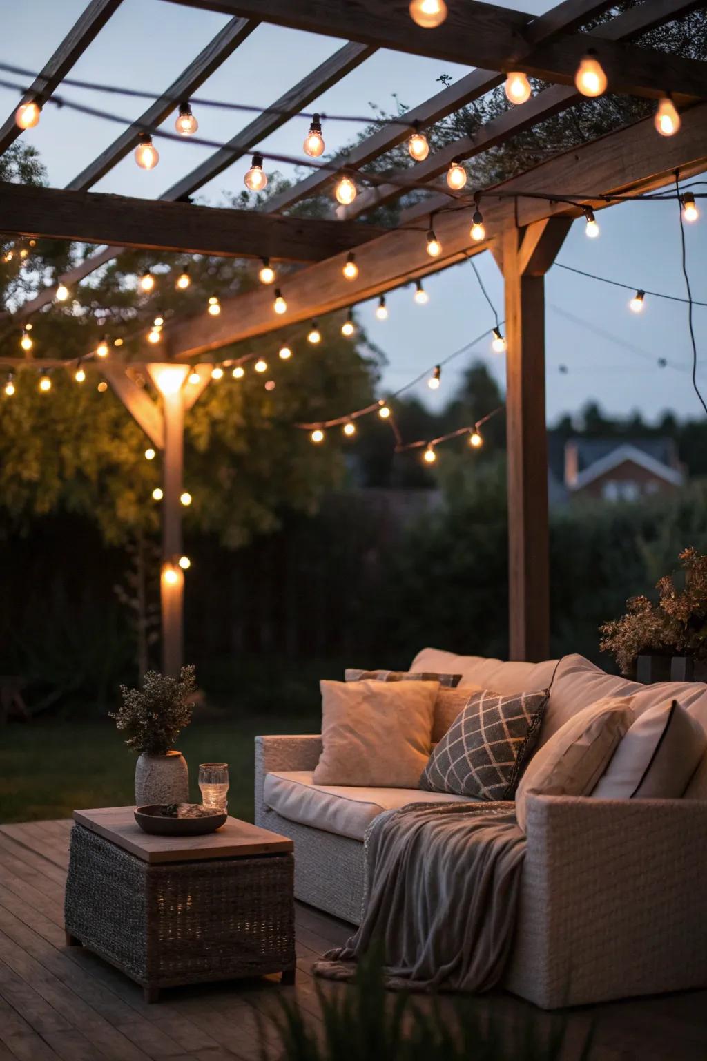 Suspended luminaries mirror the expanse of a star-filled sky atop an inviting patio.